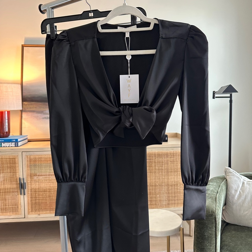 WAYF Black Puff Sleeve V-Neck Cocktail Top + Skirt Set